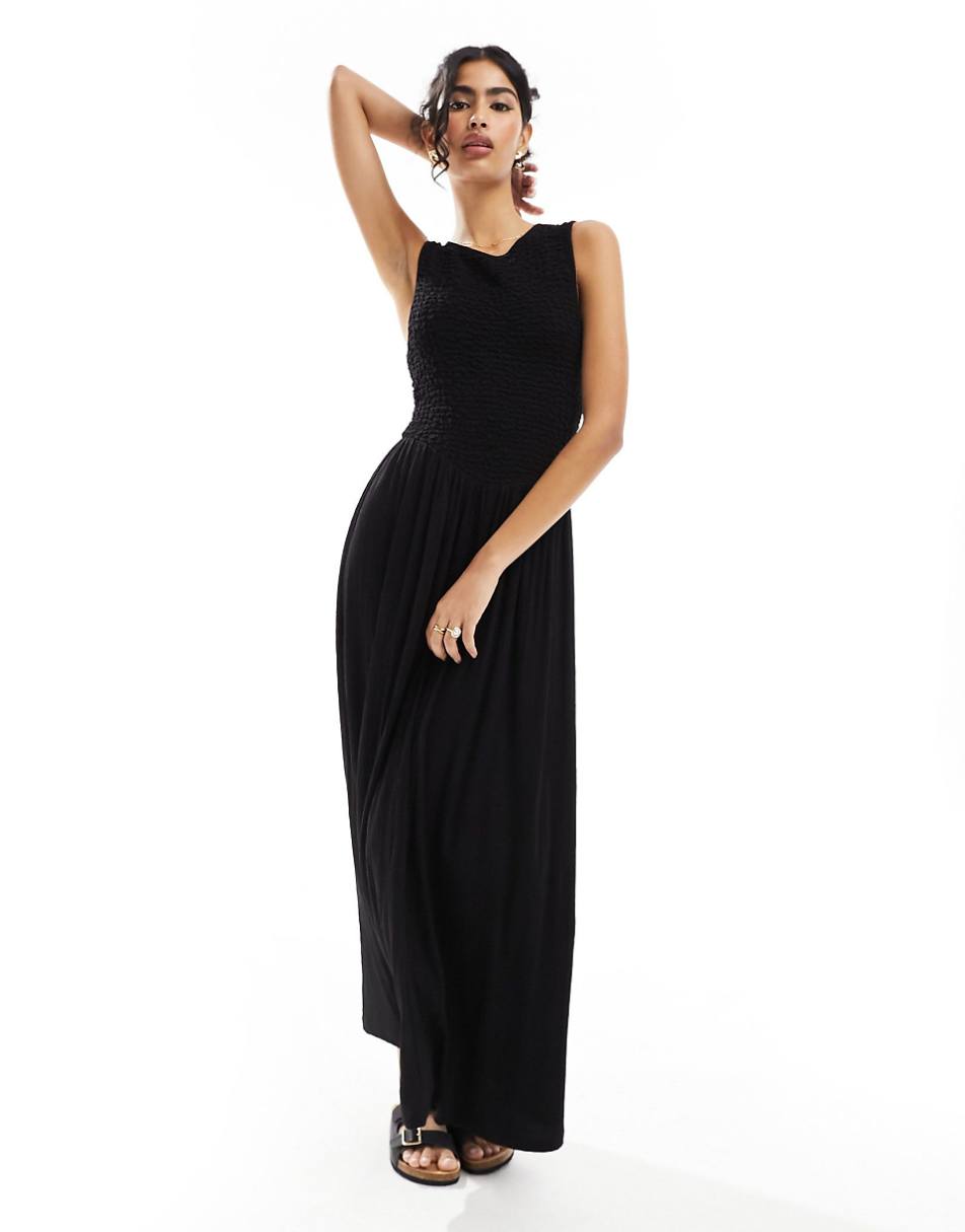 ASOS DESIGN crinkle shirred bodice maxi dress with open back in black