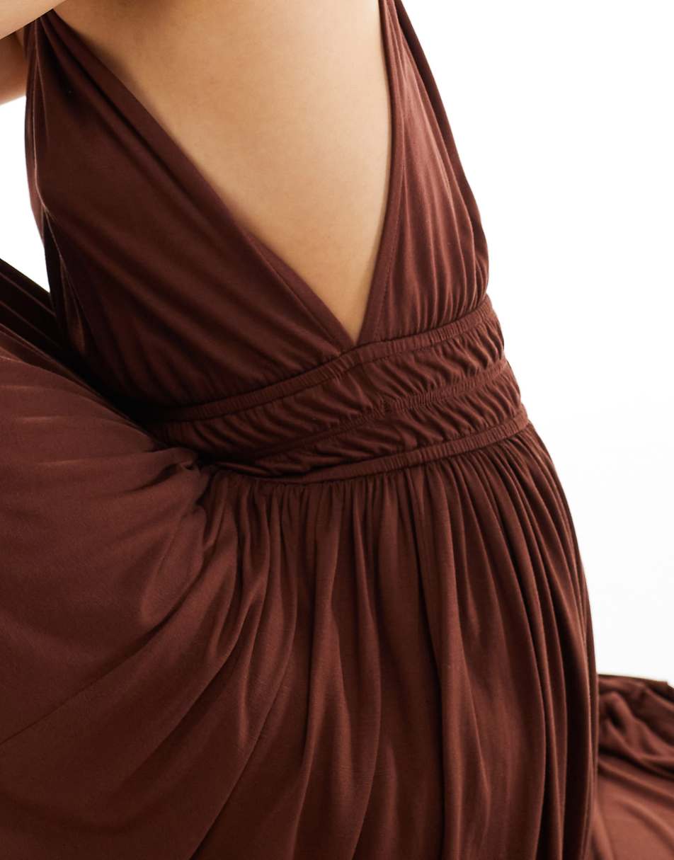 ASOS DESIGN halter neck maxi dress with gathered waist in chocolate