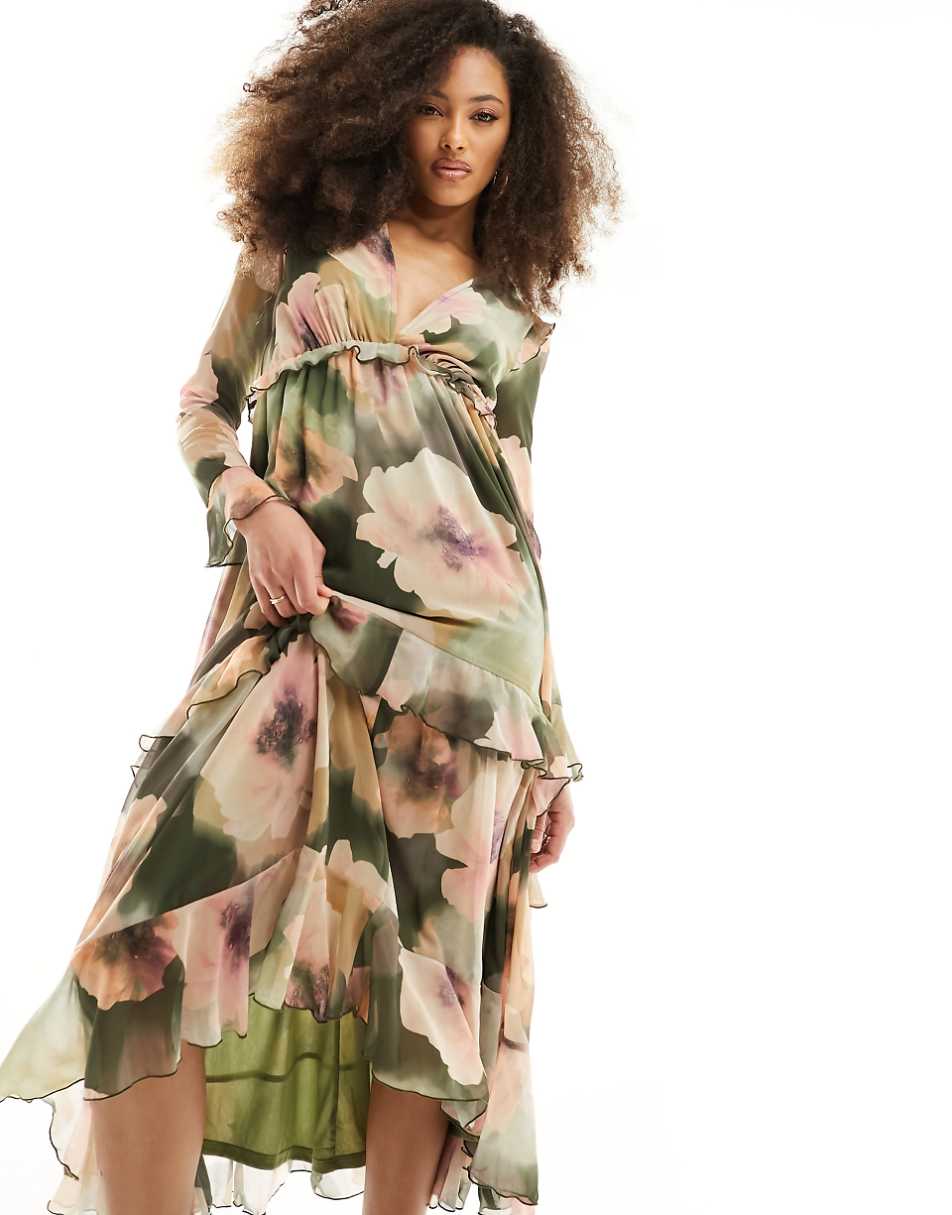 Stye Cheat ruffle detail maxi dress in green floral