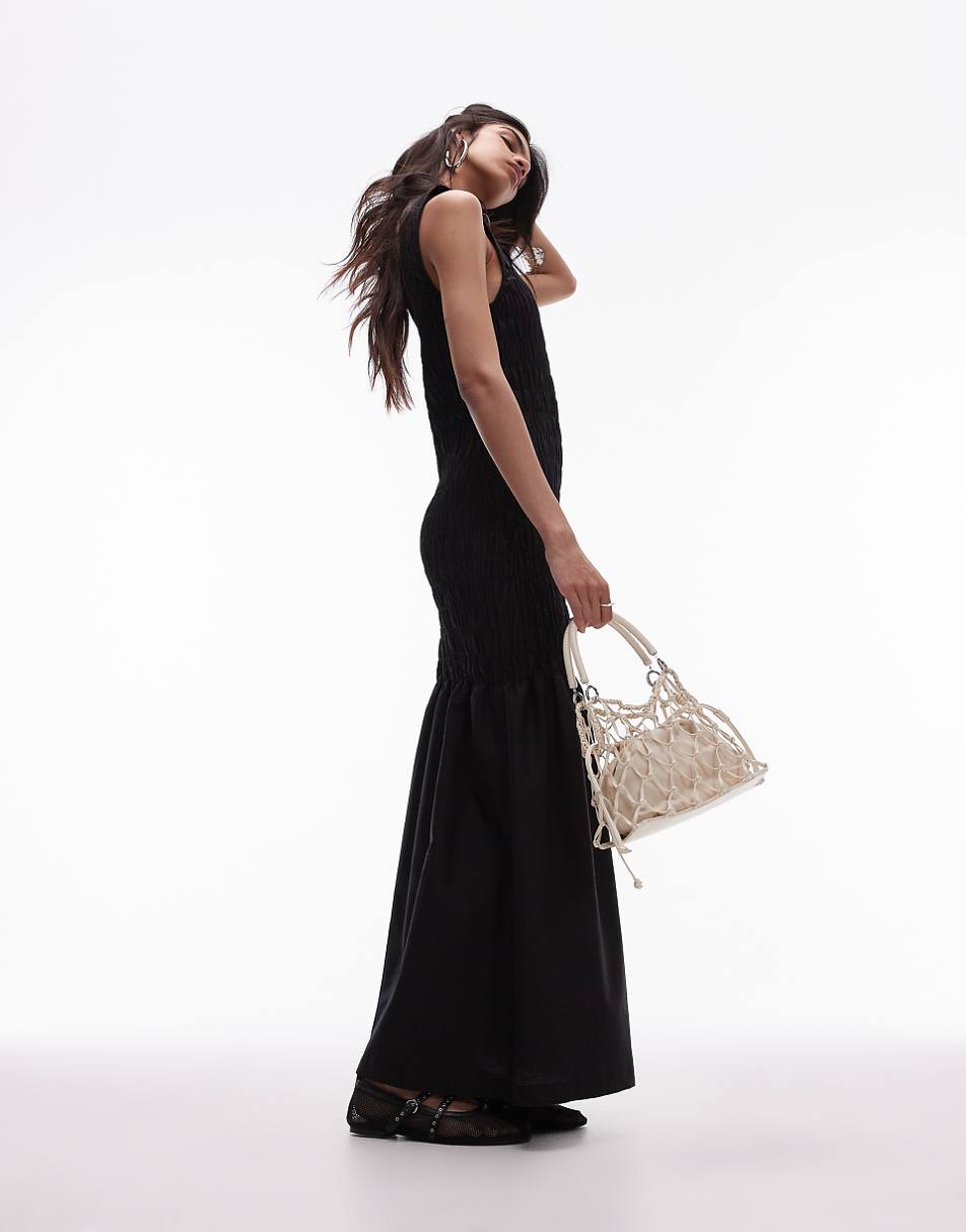 Topshop shirred maxi dress with contrast top stitch in black