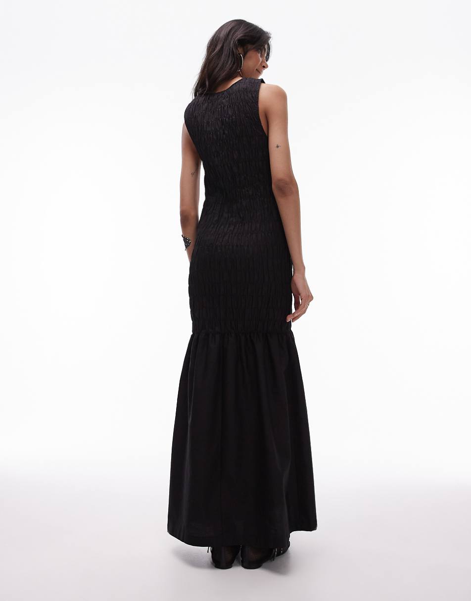 Topshop shirred maxi dress with contrast top stitch in black