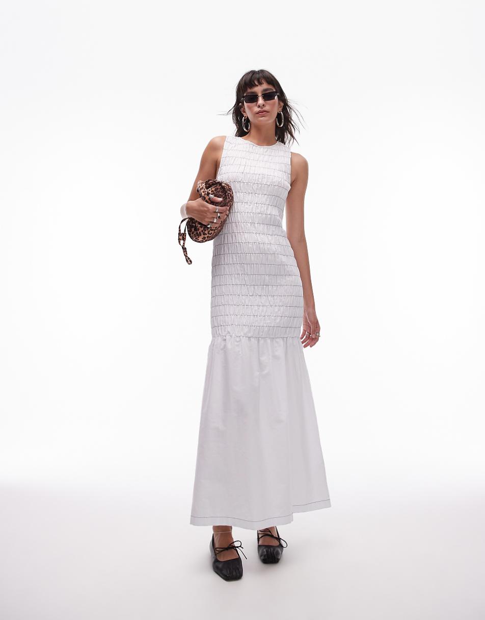 Topshop shirred maxi dress with contrast top stitch in white