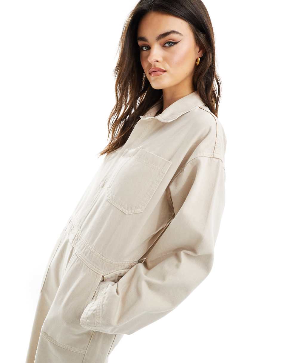 ASOS DESIGN denim oversized mechanic boilersuit in neutral