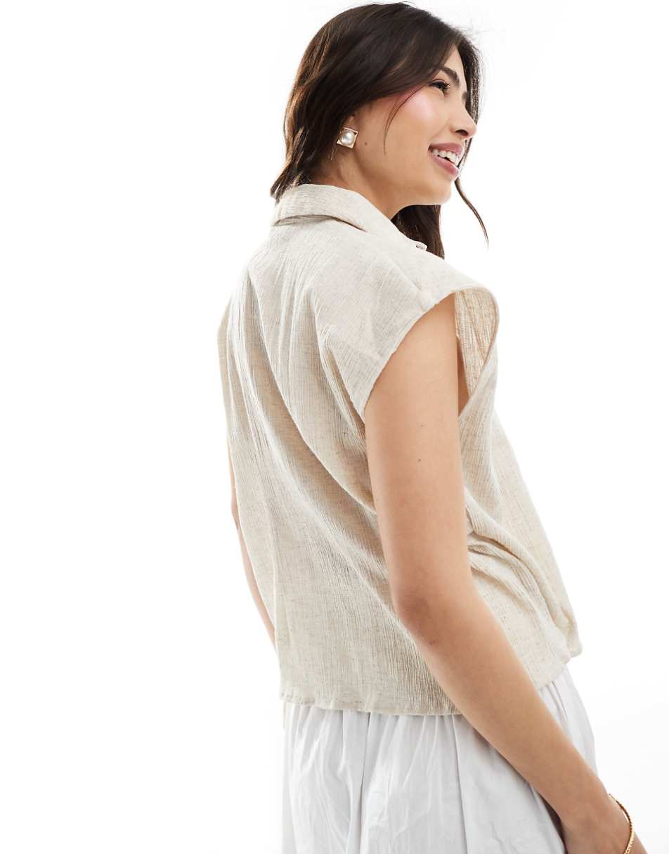 ASOS DESIGN crinkle linen mix sleeveless shirt in natural