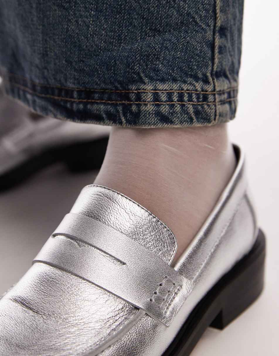 Topshop Cole premium leather square toe loafers in silver