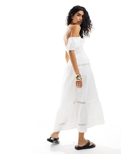 ASOS DESIGN off shoulder midi dress with pintucks & crochet trims in white
