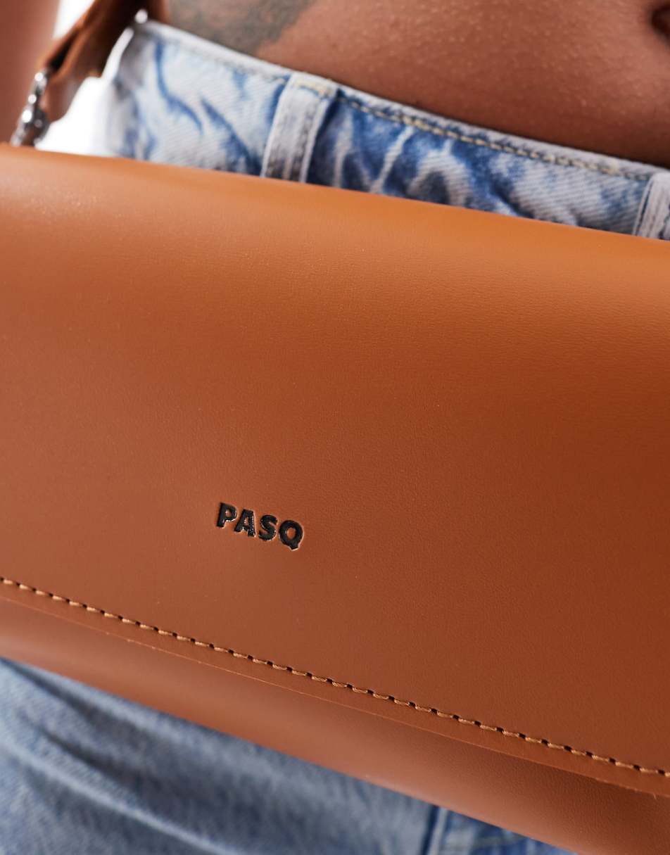 PASQ rectangular flap top cross body bag in tan