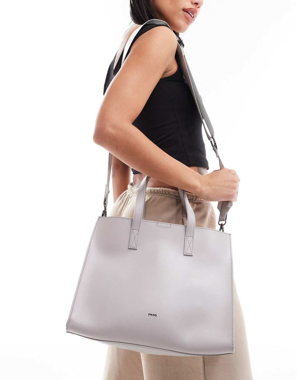 PASQ structured wide tote bag with detachable crossbody strap in gray