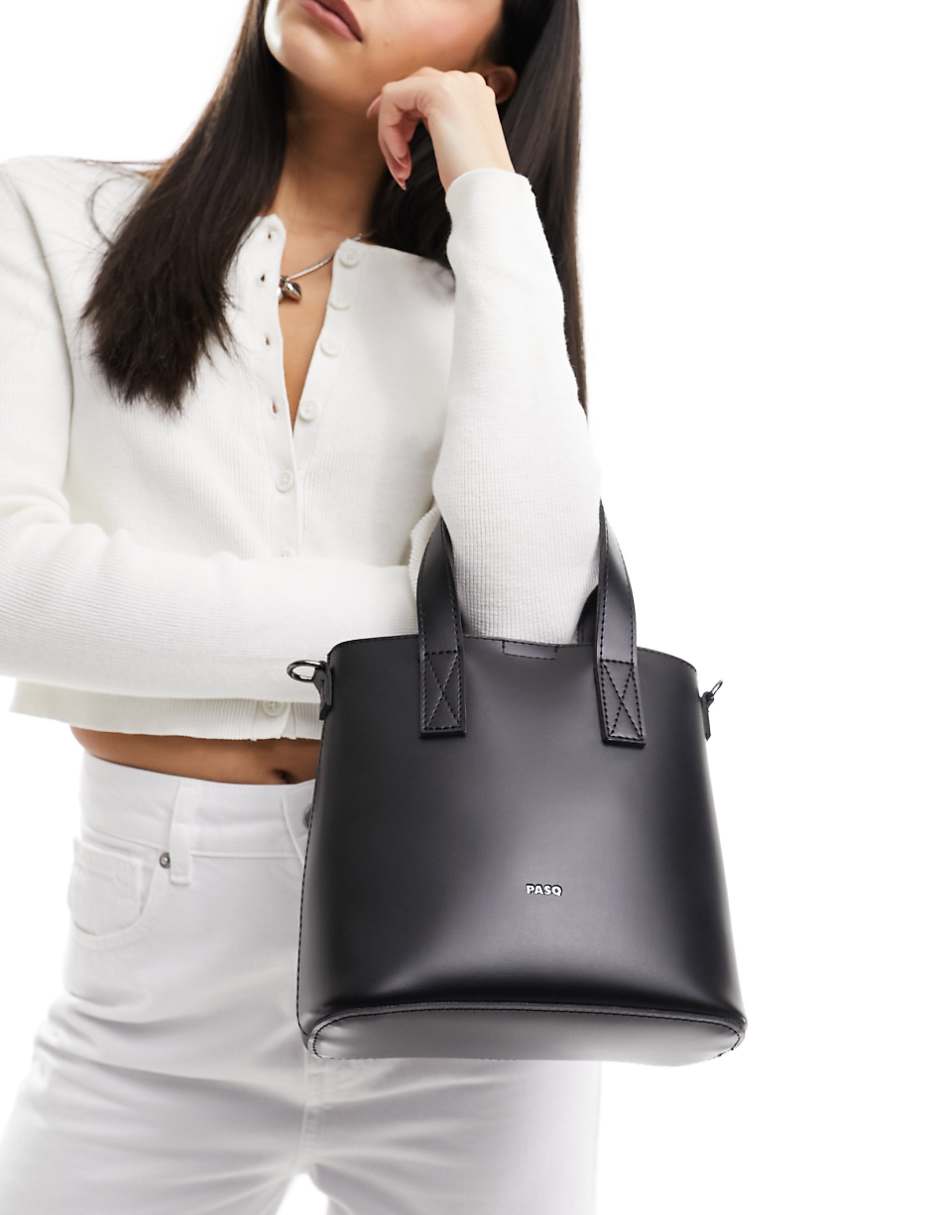 PASQ mini structured tote bag with detachable crossbody strap in black