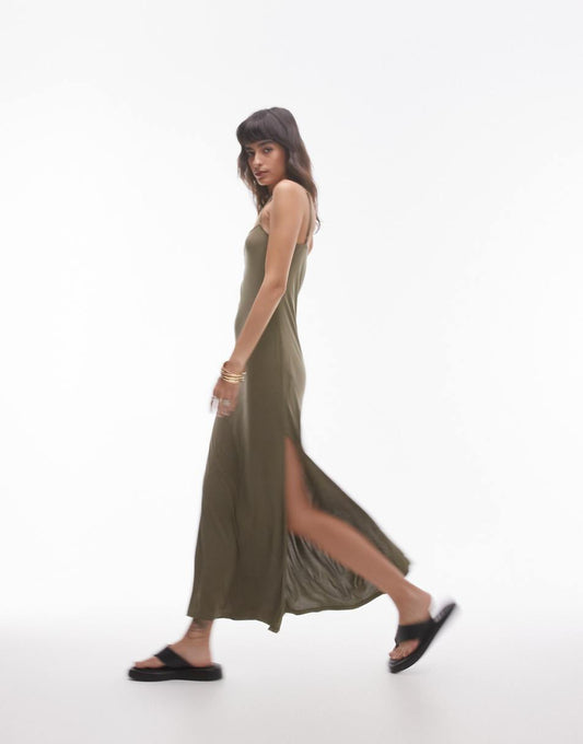 Topshop premium super soft square neck cami midi dress in khaki