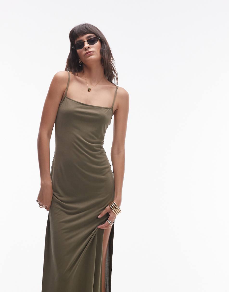 Topshop premium super soft square neck cami midi dress in khaki