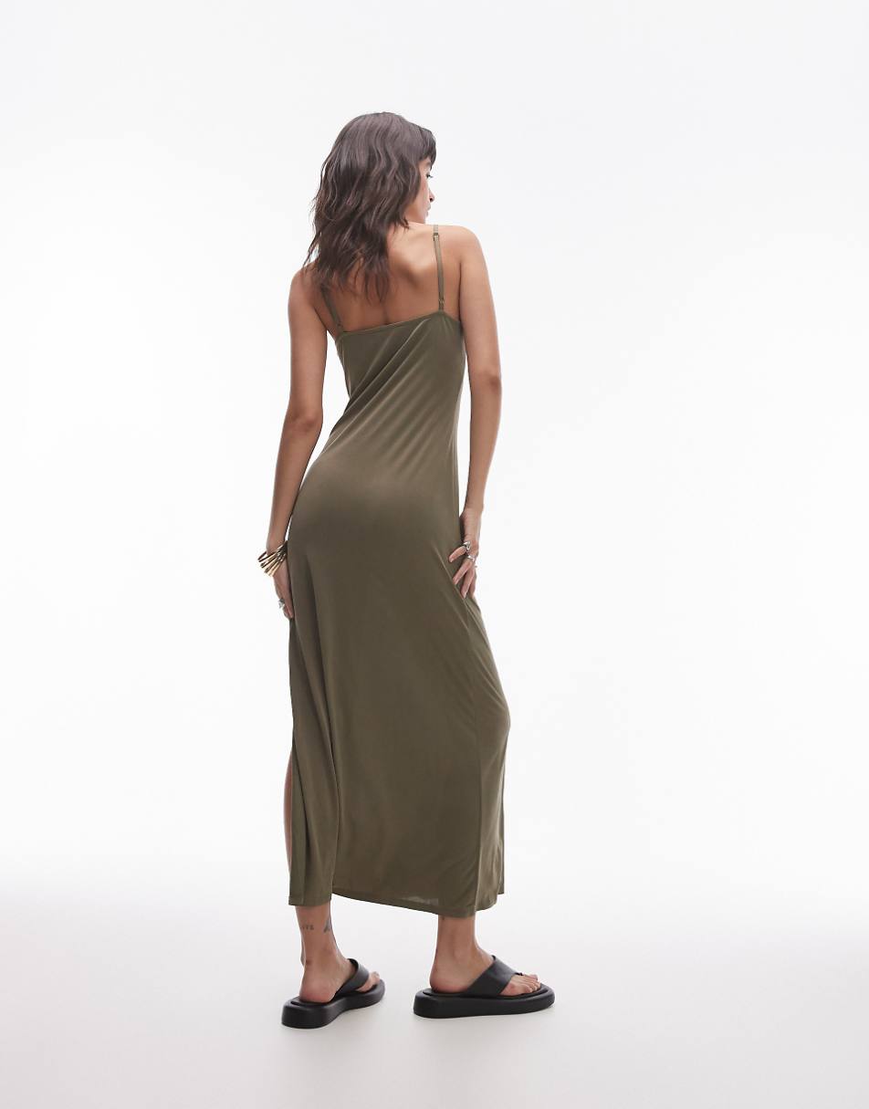 Topshop premium super soft square neck cami midi dress in khaki