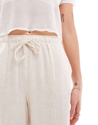 Stradivarius linen look pull on pants in natural