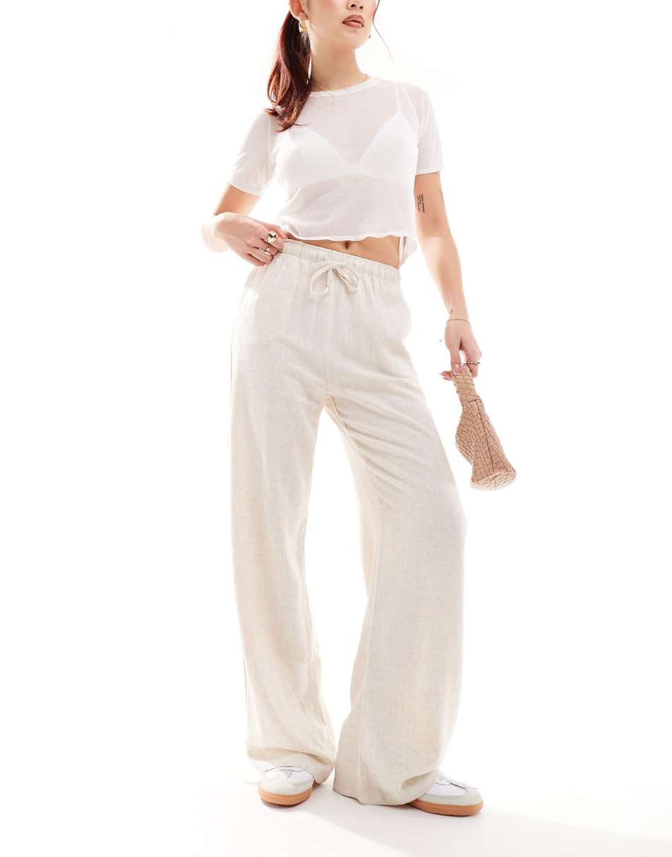 Stradivarius linen look pull on pants in natural