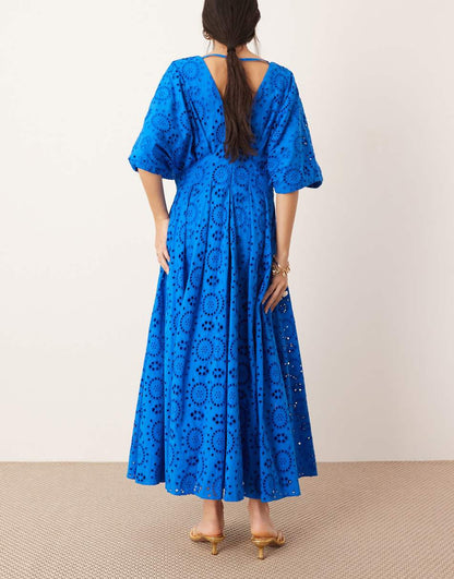 ASOS EDITION eyelet wide sleeve plunge midi dress in blue