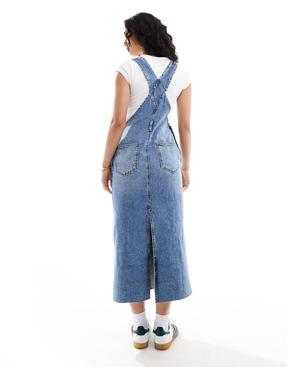 ASOS DESIGN denim dungaree dress in midwash blue