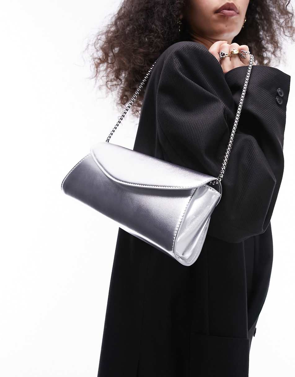 Topshop Sadie structured flap shoulder bag in silver