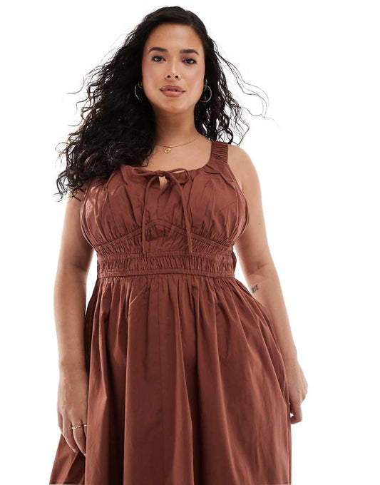 ASOS DESIGN Curve wide strap channel waist midi sundress in chocolate