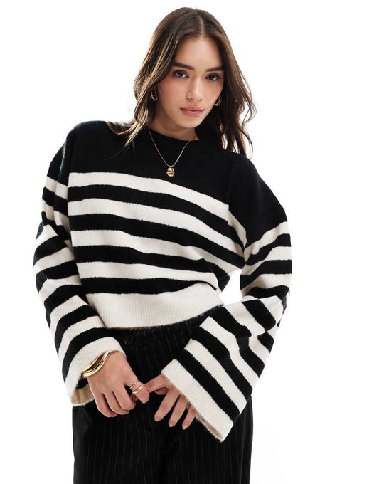 ASOS DESIGN crew neck boxy sweater with wide cuff in mono stripe