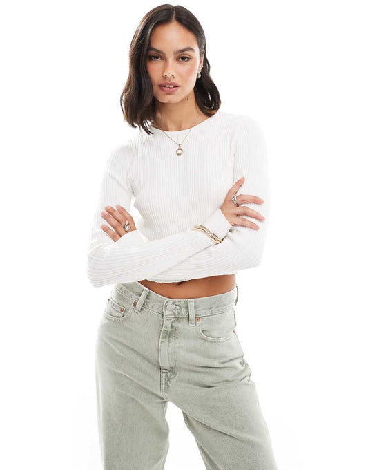 ASOS DESIGN knit long sleeve crop top with crew neck in white