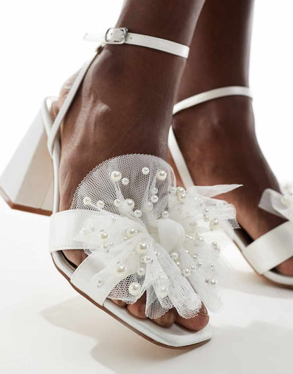 Be Mine Bridal Issa tulle pearl bow block heel sandals in ivory