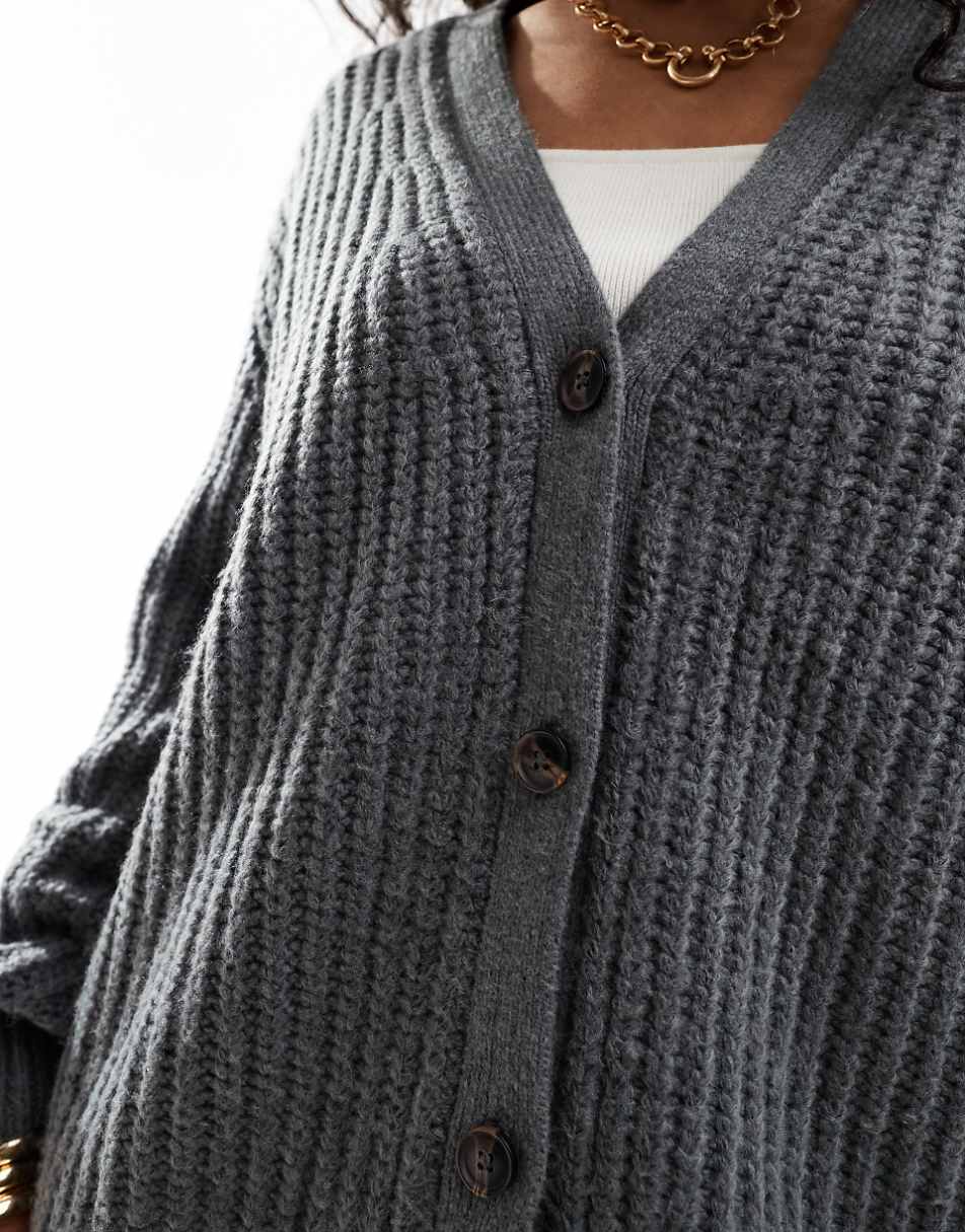 ASOS DESIGN fluffy ribbed cardigan with v neck in charcoal