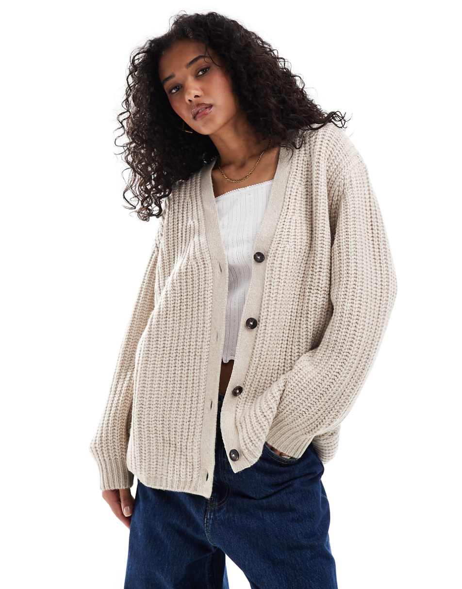 ASOS DESIGN fluffy rib cardigan with v neck in oatmeal