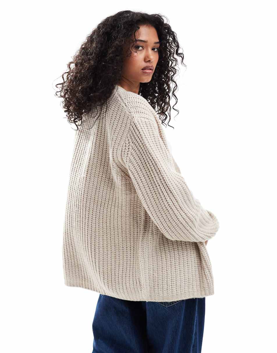 ASOS DESIGN fluffy rib cardigan with v neck in oatmeal