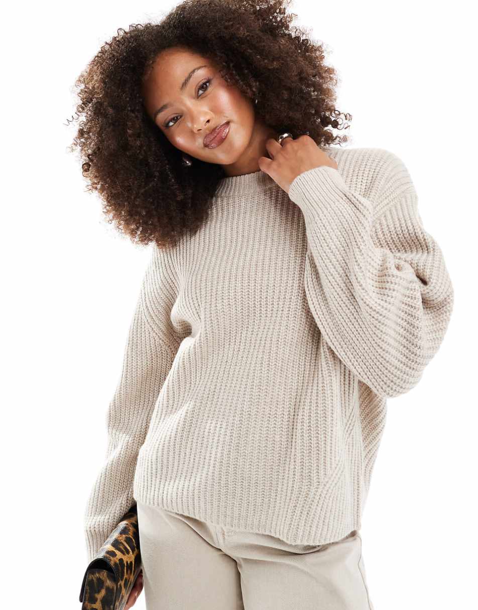 ASOS DESIGN chunky crew neck rib sweater in oatmeal