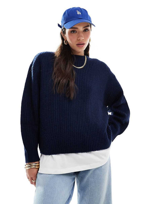 ASOS DESIGN chunky crew neck rib sweater in navy