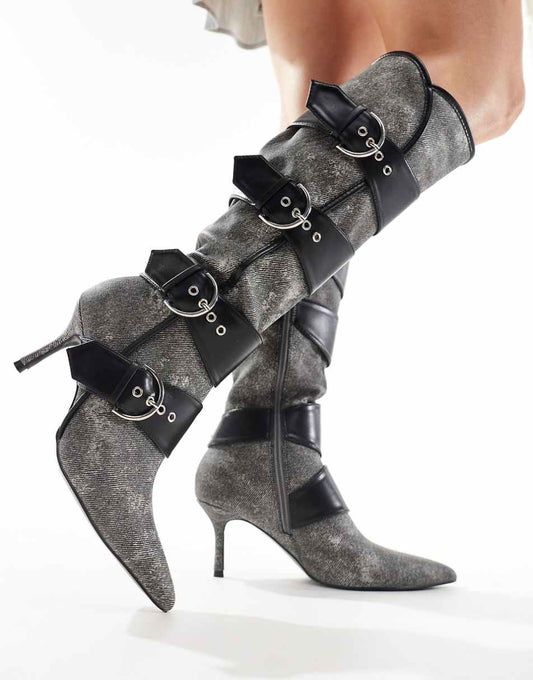 Public Desire Samurai kitten heel knee boots with buckles in black washed denim