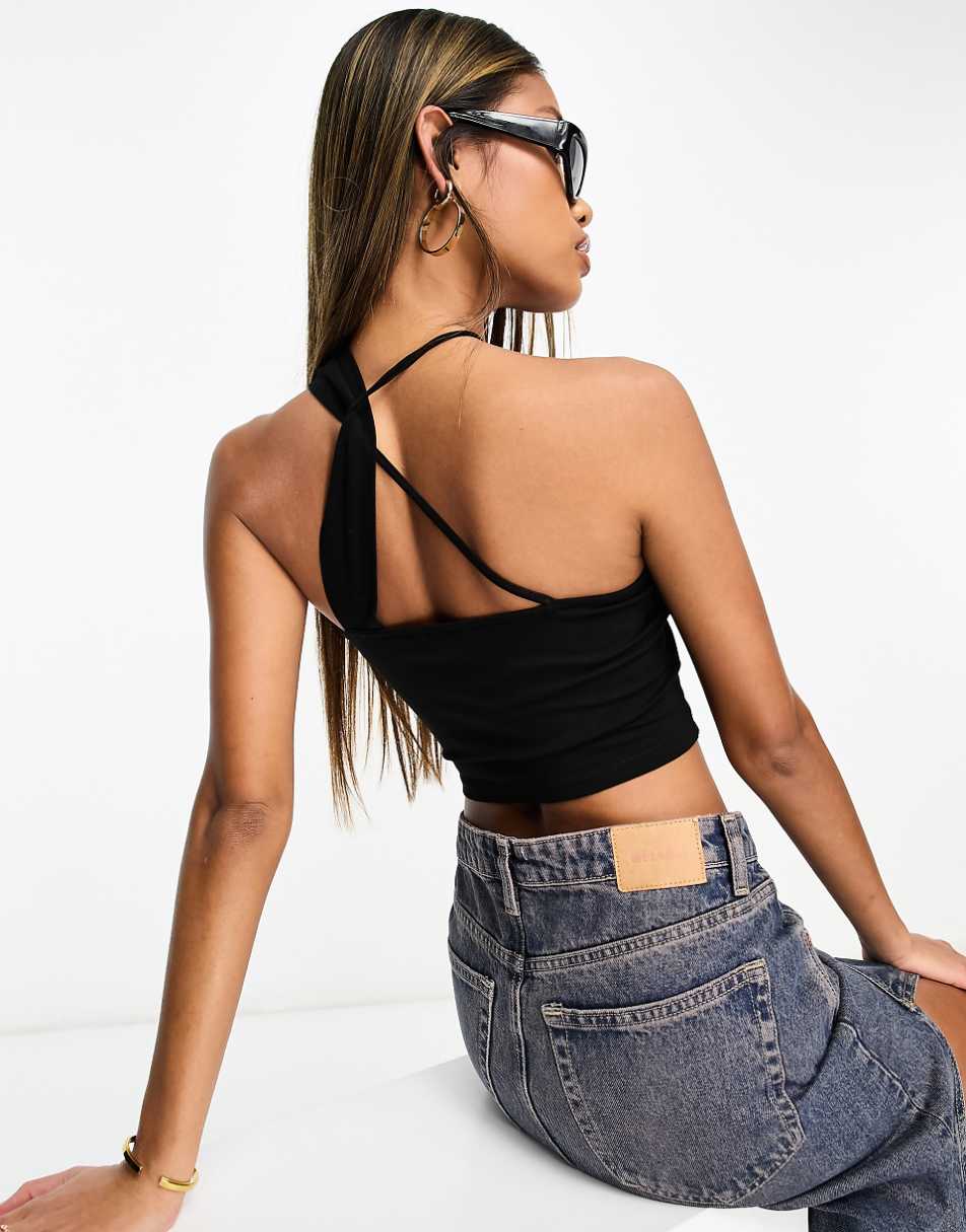 ASOS DESIGN cross over keyhole halter top in black