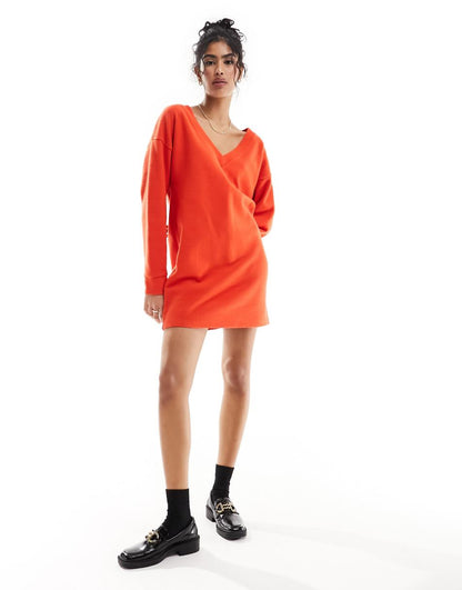 ASOS DESIGN supersoft slouchy v-neck sweater mini dress in red