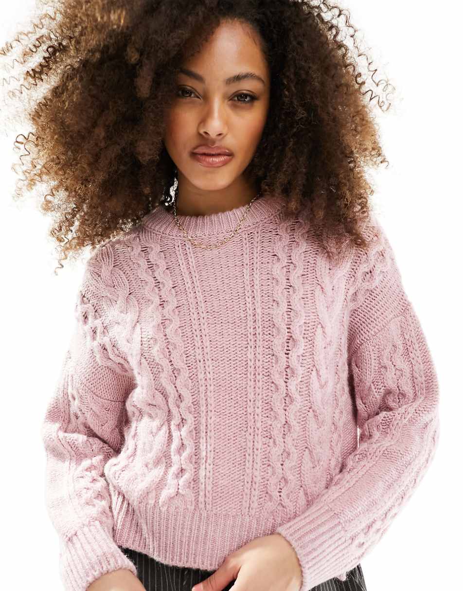 ASOS DESIGN crew neck cable sweater in pink