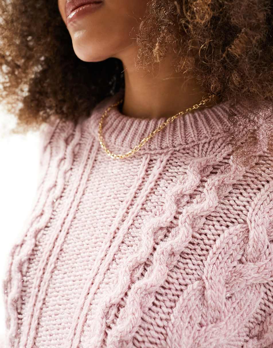 ASOS DESIGN crew neck cable sweater in pink