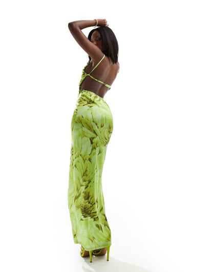 Jaded Rose cami maxi dress with open back in green floral print