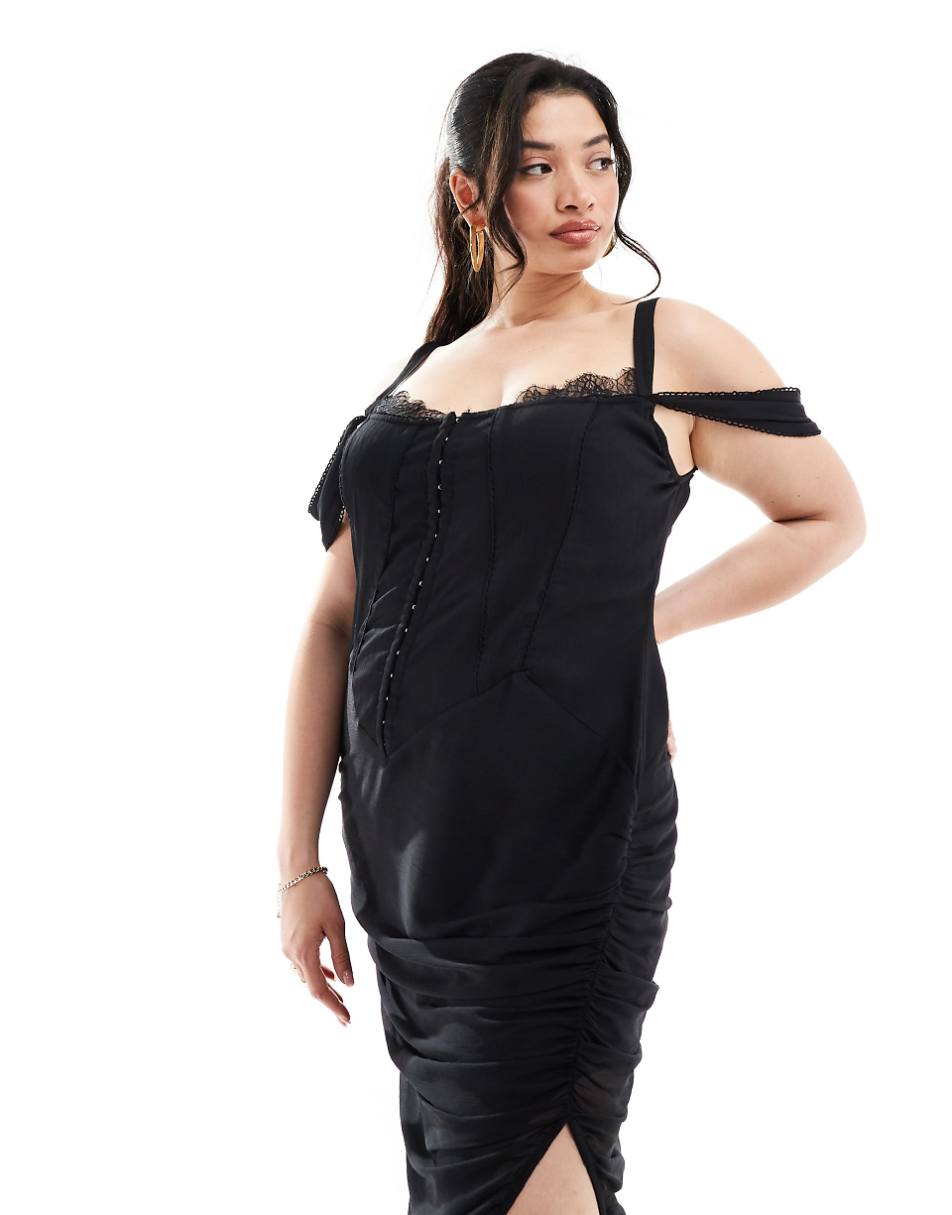 ASOS DESIGN Curve corset lace chiffon mix paneled milkmaid midi dress in black