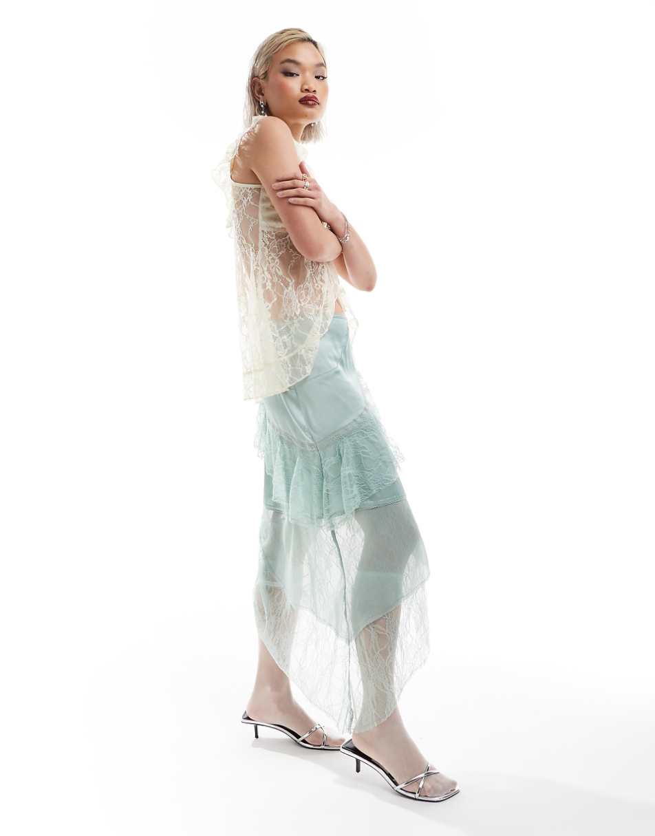 Reclaimed Vintage limited edition midi slip skirt with lace and frill details in mint green