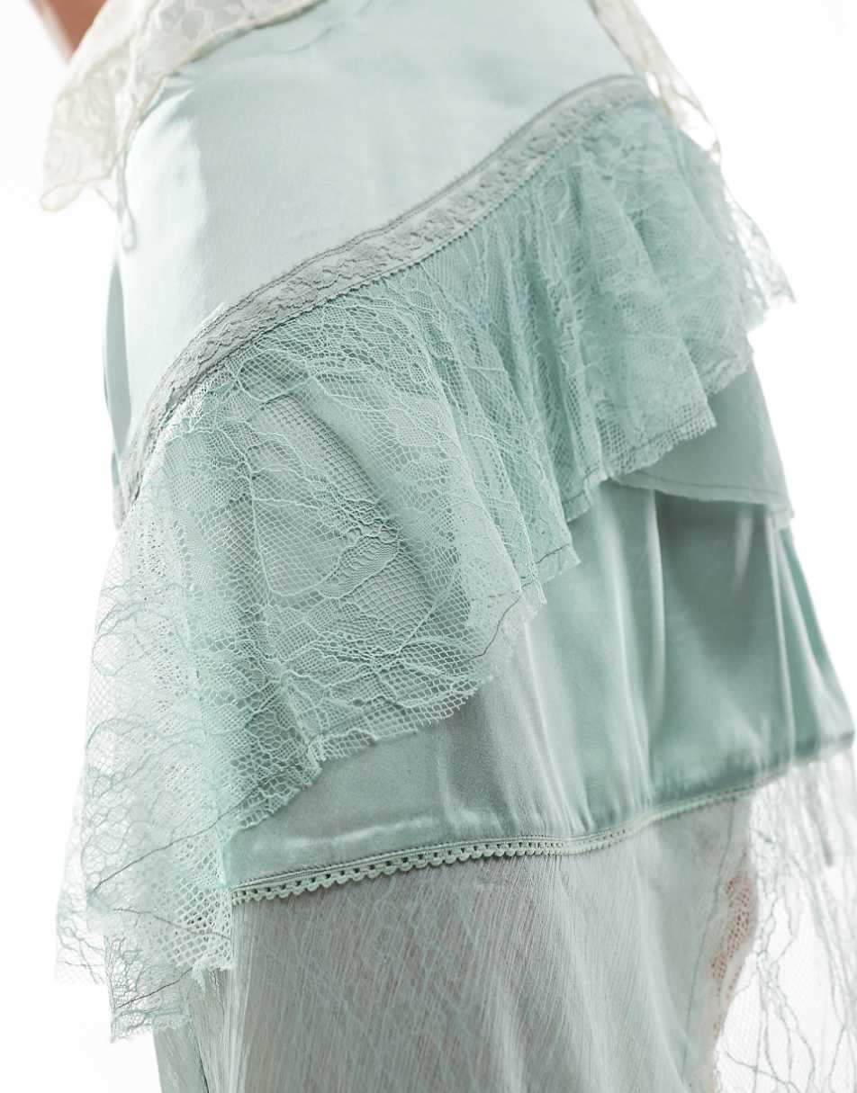 Reclaimed Vintage limited edition midi slip skirt with lace and frill details in mint green