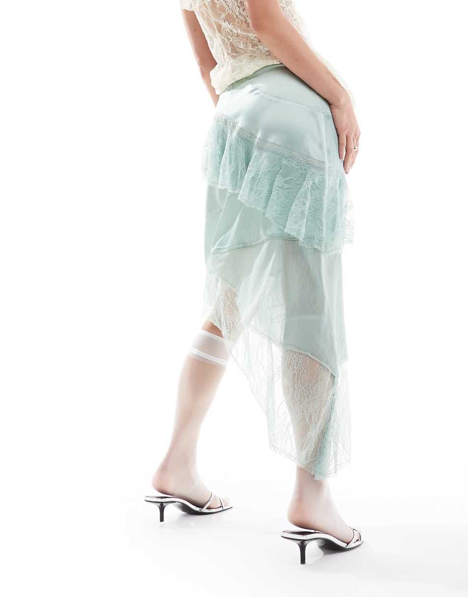 Reclaimed Vintage limited edition midi slip skirt with lace and frill details in mint green