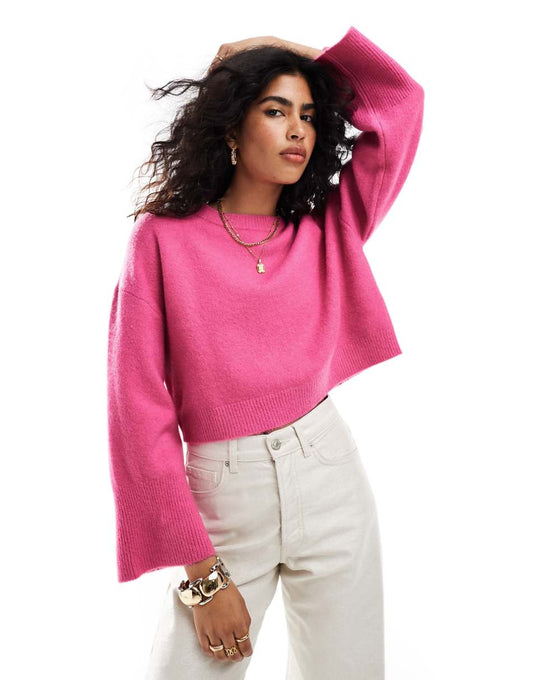 ASOS DESIGN crew neck boxy sweater with wide cuff in pink