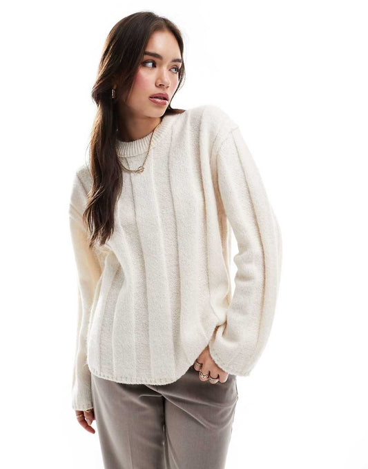 ASOS DESIGN crew neck sweater in wide rib in cream