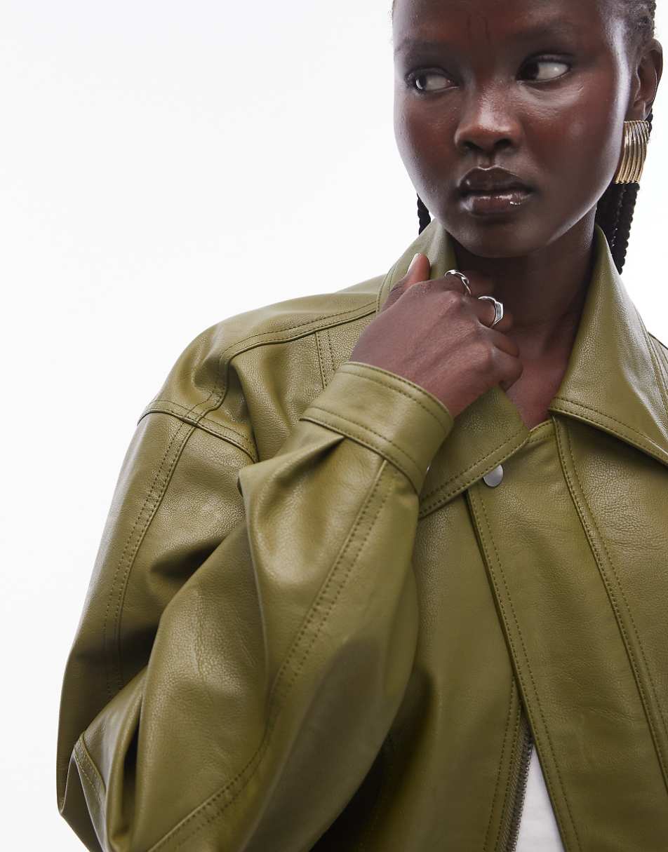 Topshop faux leather bomber jacket in khaki