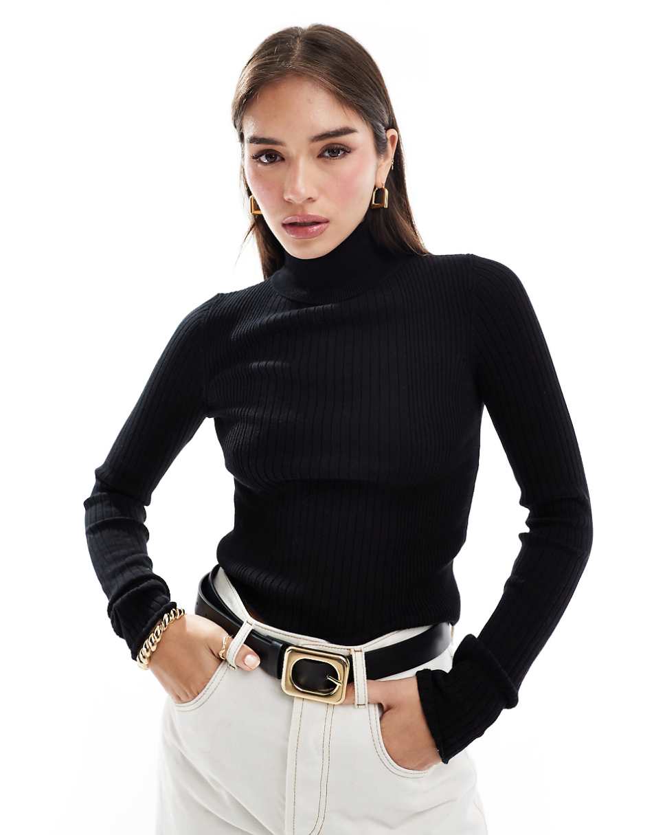 ASOS DESIGN knitted roll neck top in engineered rib in black