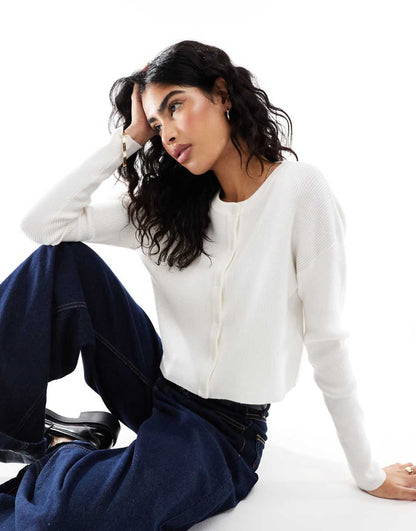 ASOS DESIGN slim fit cardigan with crew neck in cream