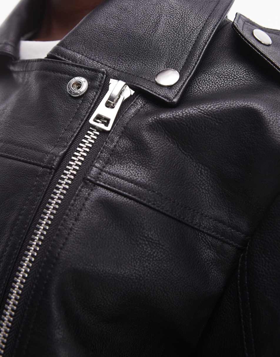 Topshop faux leather biker jacket in washed black