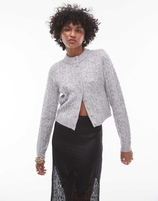 Topshop knit cable micro cardigan in gray