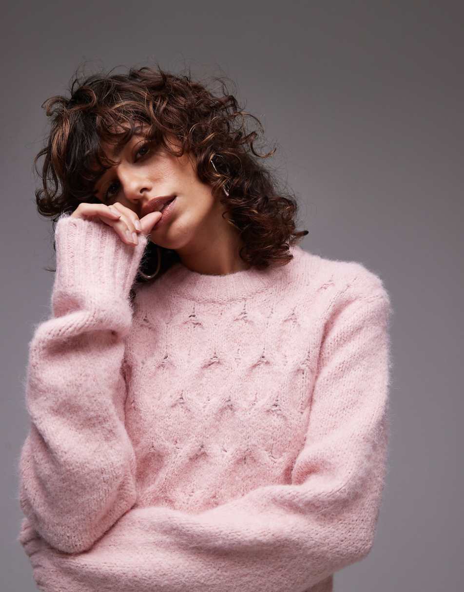 Topshop knitted cable stitch sweater in light pink