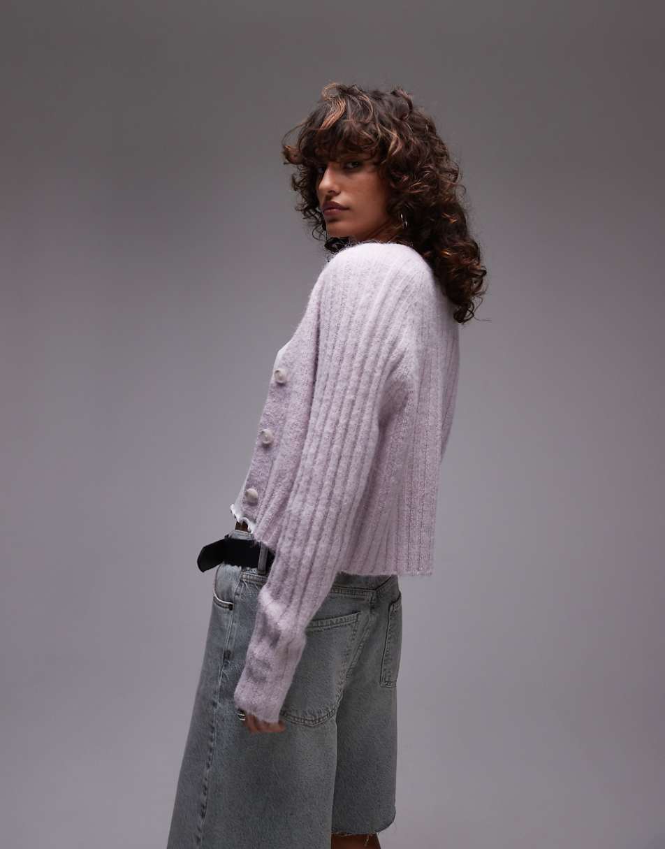 Topshop knitted v-neck rib detail cardi in lilac