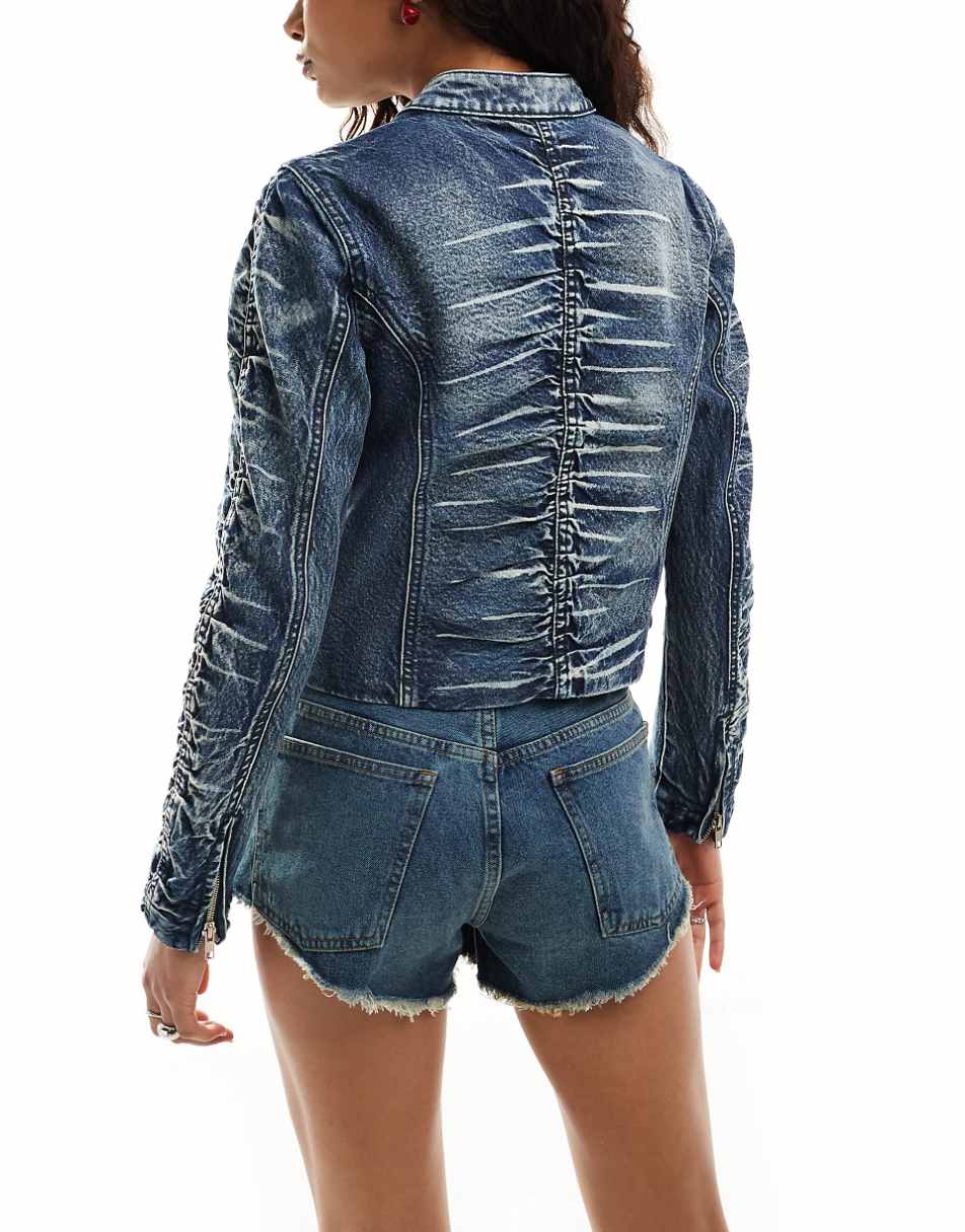 Reclaimed Vintage ruched denim moto jacket in washed blue